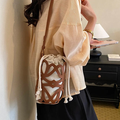 Solid Color PU Versatile Hollow Out Mini Bucket Bag Casual Drawstring Crossbody Bags Hot Sale Adjustable Strap Shoulder Bags