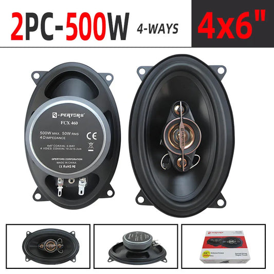 A pair of 4x6-inch coaxial four-way car audio speakers, 500W maximum power, 50W RMS, high-power sound quality, 4 ohm impedance