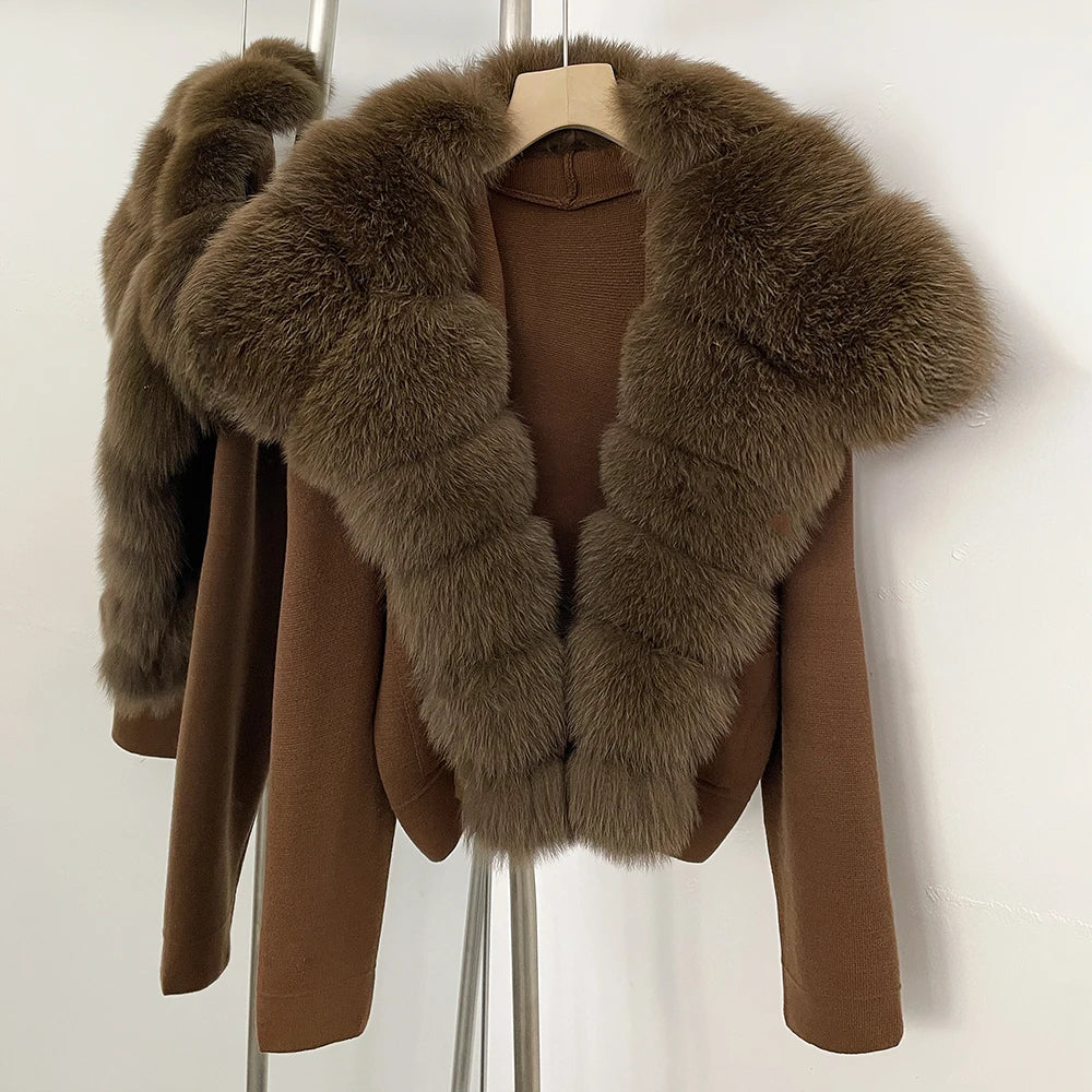 Elegant Knitted Cardigan Women's Sweater Knitting Jacket with Fur and cuffs Knitted Women's Long Sleeve Top Short Sweater