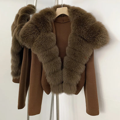Elegant Knitted Cardigan Women's Sweater Knitting Jacket with Fur and cuffs Knitted Women's Long Sleeve Top Short Sweater
