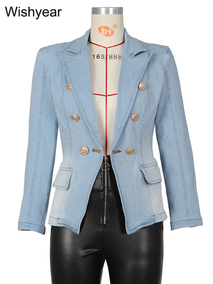 Fashion Notched Collar Long Sleeve Double Breasted Denim Coats for Women Slim Jeans Jacket Casual Streetwear Female Blazer Tops