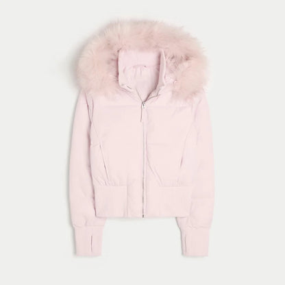 Fashion Faux Fur Hooded Quilted Coat For Women Casual Full Sleeve Zipper Pocket Cropped Jacket Lady 2025 Winter Street Outerwear