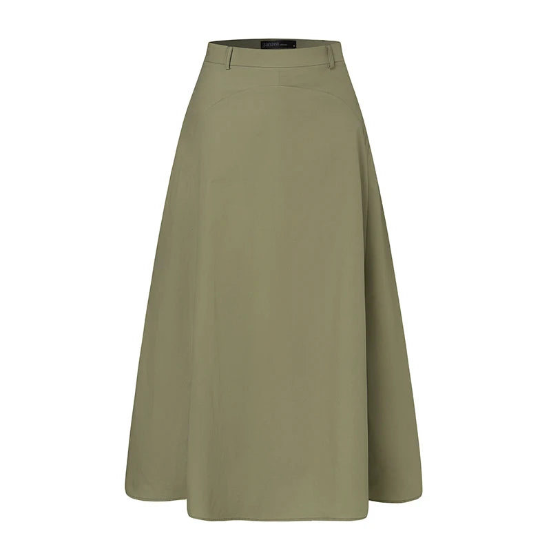 ZANZEA 2024 Summer Casual Midi Skirts Women A-line Oversized Patchwork Skirt Solid Color Bottom Ladies Zipper High Waist Skirt