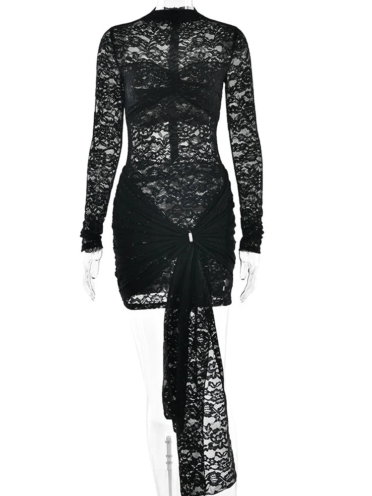 Beyprern Long Sleeve Hollow Out Sheer Lace Midnight Mini Dress Women See-Through Draped Tie-Front Overlay Club Dress Vestidos