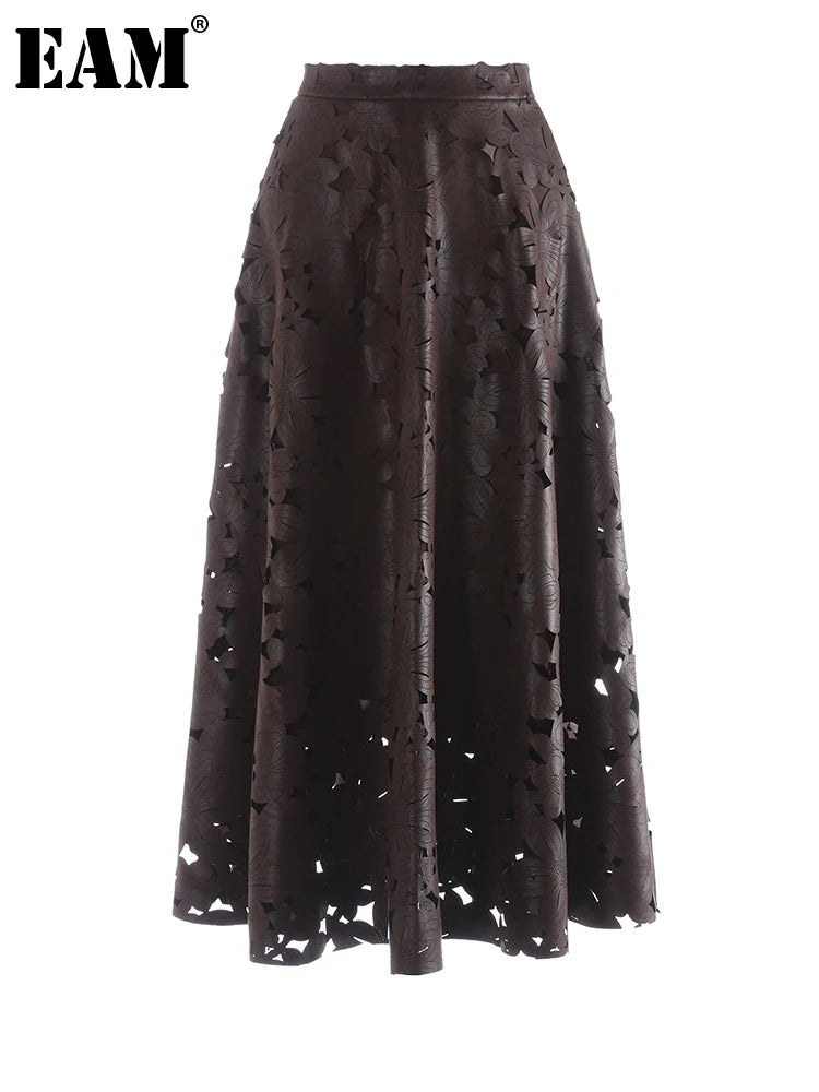 [EAM] High Waist Brown Pu Leather Hollow Out Elegant A-line Half-body Skirt Women Fashion Tide New Spring Autumn 2026 1DJ4309
