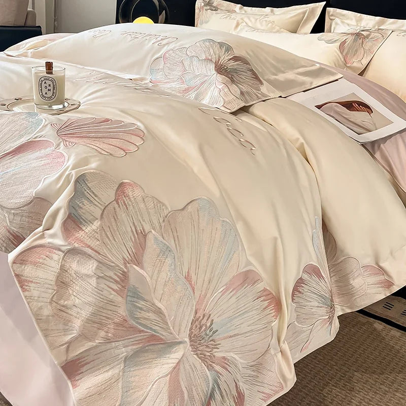 High-end Light Luxury Class A Long-staple Pure Cotton Floral Embroidery Quilt Cover Soft Bare Bed Line Comforter Bedding Sets