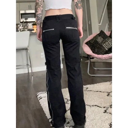 Women's Low Waist Emo Jeans, Dark Punk Jeans, Y2k Grunge,Mall Gothic, Black Patchwork, Electro Pants, Fashion Streetwear, Alt Cl
