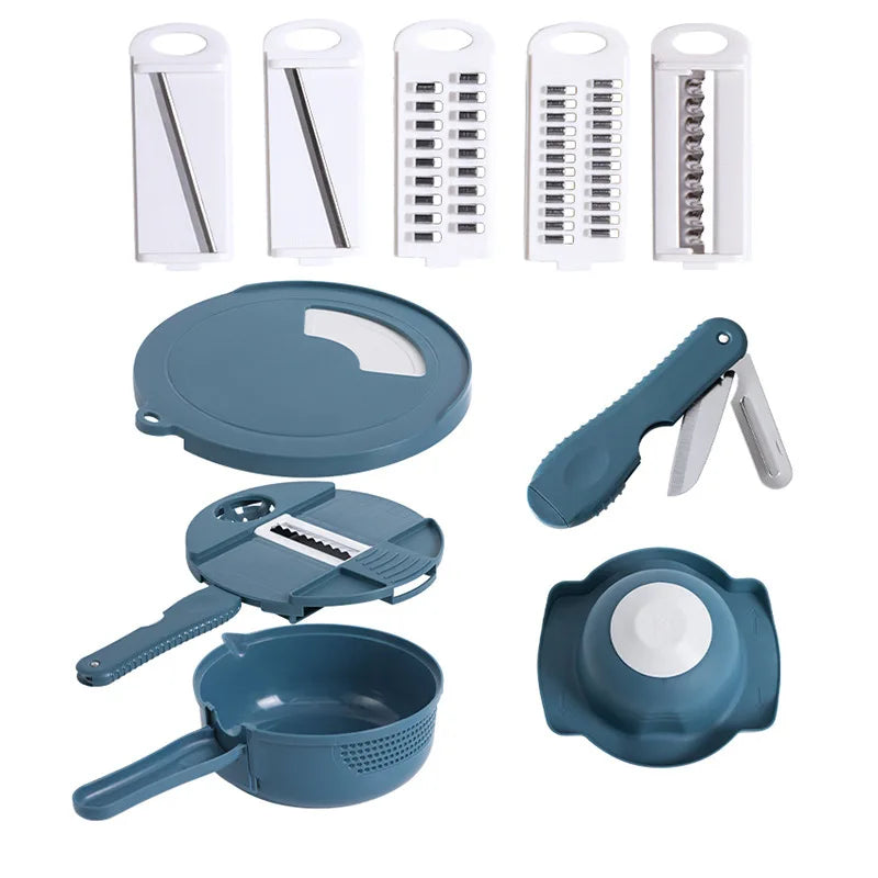 9 in 1 Multi-functional Vegetable Chopper Carrots Potatoes Manually Cut Shred Slicer Radish Grater with Container Kitchen Tools