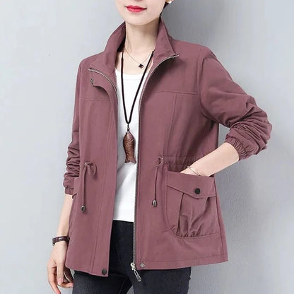 Double Layer Women Spring Autumn Korean Plus Size Lining Windbreaker Drawstring Waist Stand Collar Jacket Jackets for Women