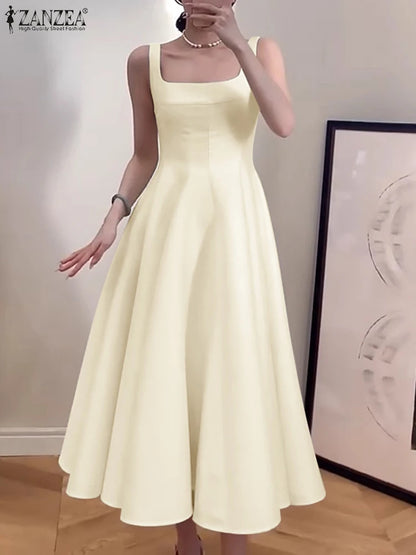 ZANZEA Women Sleeveless Tank Dress Vintage Solid A-line Dresses 2024 Summer Holiday Waisted Robe Casual Square Collar Midi Robe