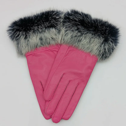 2025 Women Winter Warm Genuine Sheep Leather Glove With Real Fur Trimming Female Warm Real Leather Fur High Quality Mittens