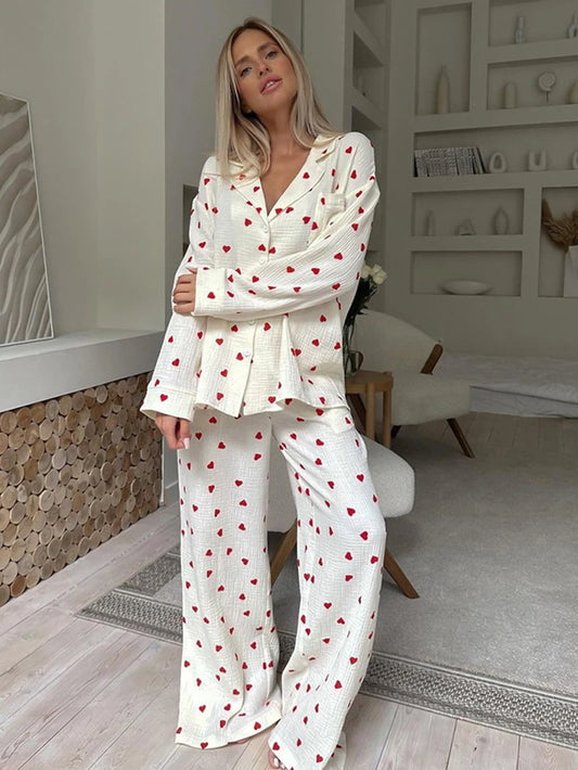 Marthaqiqi Loose Ladies Sleepwear Suit Sexy Turn-Down Collar Nightwear Long Sleeve Nightgowns Pants Printing Female Pajamas Set