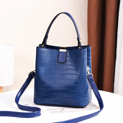 Vintage Stone Leather Handbag Shoulder Crossbody Bags Fashion Female Bucket Bag Large Capacity Women Tote Bag