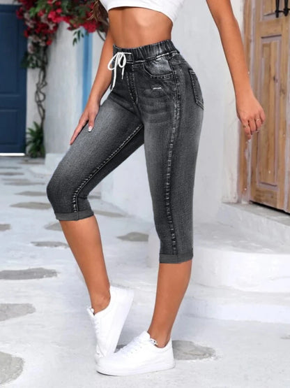 Women'S Vintage Denim Pants Summer High Waist Slim Fit Drawstring Waistband Capri Pants Streetwear Jean Short Pants Collant