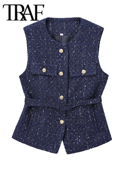 TRAF Women Sequin Tweed Vest New Fashion With Belt Vests for Women 2025 Autumn Sleeveless Coat Streetwear Chic Waistcoat Tops