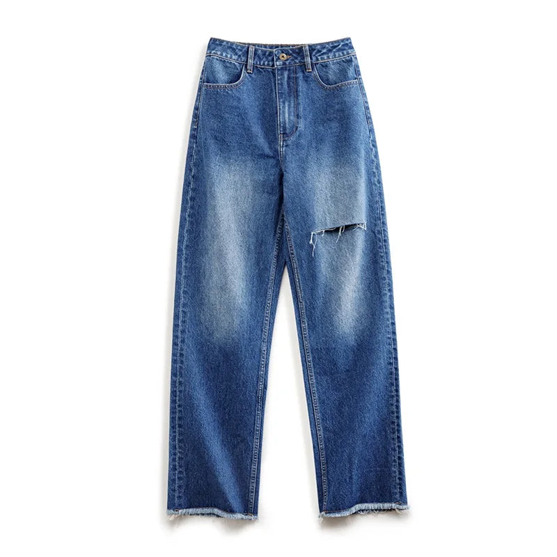 Maden Women Ripped Denim Jeans Washed Jeans 12.8 OZ Vintage Do Old Straight Full Length Pants Mid Waist Casual Blue Jeans