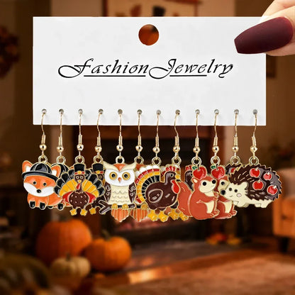24/12PCS Retro Thanksgiving Earrings Turkey/Squirrel/Fox&Autumn Leaf Earring Set Round Earback Thanksgiving Gifts