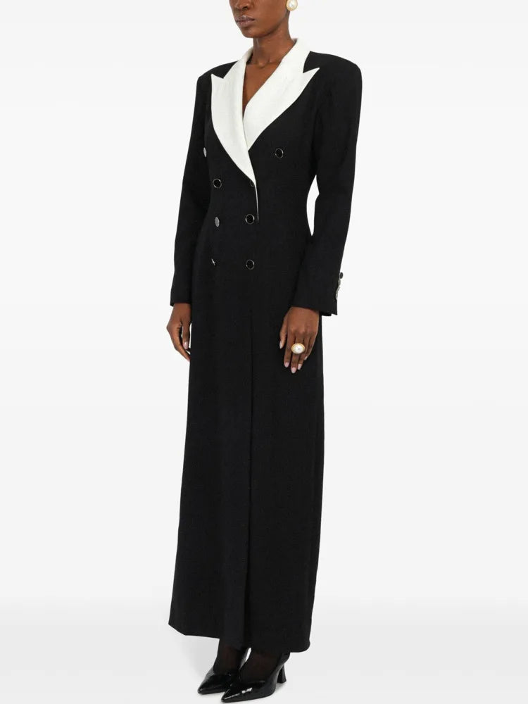 DEAT Fashion  Contract Color Lapel Long Blazer Women's  Double Breasted Retractoin Waist Slim Fit Suit Jacket Spring New 7AB6826