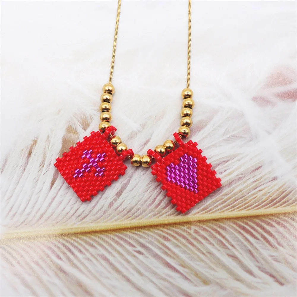 ZHONGVI Scapular Necklace Miyuki Heart Cross Adjustable Necklace Lady Necklace Stainless Steel Bead Necklace Jewelry