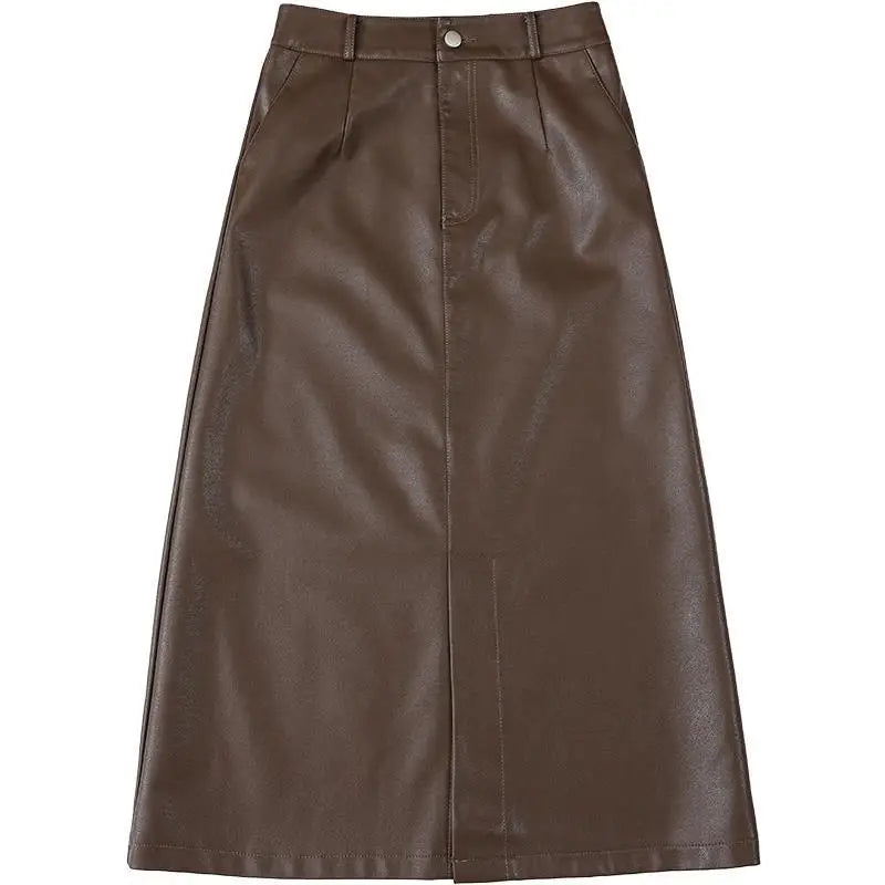 Autumn and Winter Fashion PU Leather Skirt, Solid Color High Waist Straight Tube Package Hip A Word Slit Half Body Skirt Women