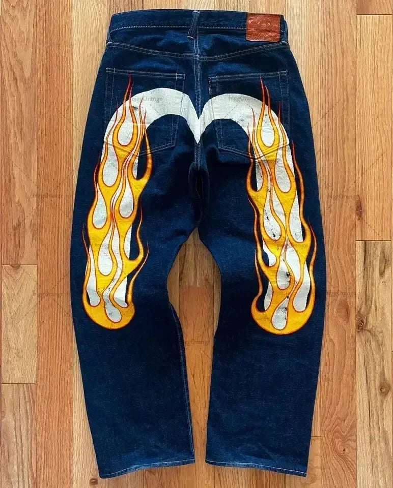 Retro 90s Japanese Style Street Personality Printed Straight DenimTrousers Y2K Rock Gothic Punk Loose Jeans Couple Clothing