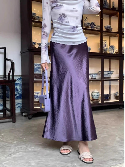 Spring Women's Long Skirts High-waist Luxury Satin Fishtail Skirt Ladies Elegant Loose Solid Gray Black A-line Skirts for Women