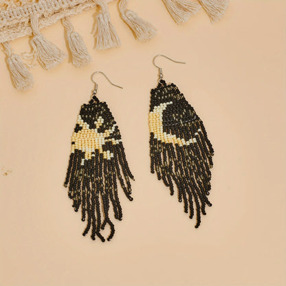 Bohemian Asymmetric Earrings, Star Moon Scenery Tassel Earrings, Handmade Beaded Earrings