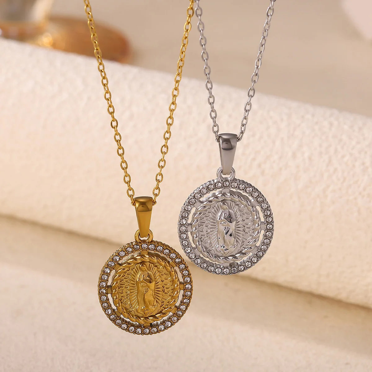 Virgin Mary Pendant With Diamonds Necklace For Women Gold Color Medal Charm Stainless Steel Religious Punk Jewelry Easter Gift