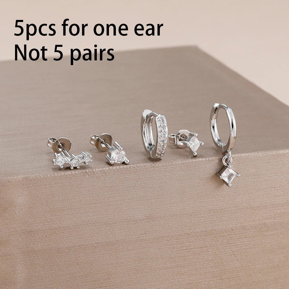 5PCS Stainless Steel Little Huggies Ear Stud Earrings Set For Women Tiny Crystal Zirconia Pendant Earrings Piercing Jewelry