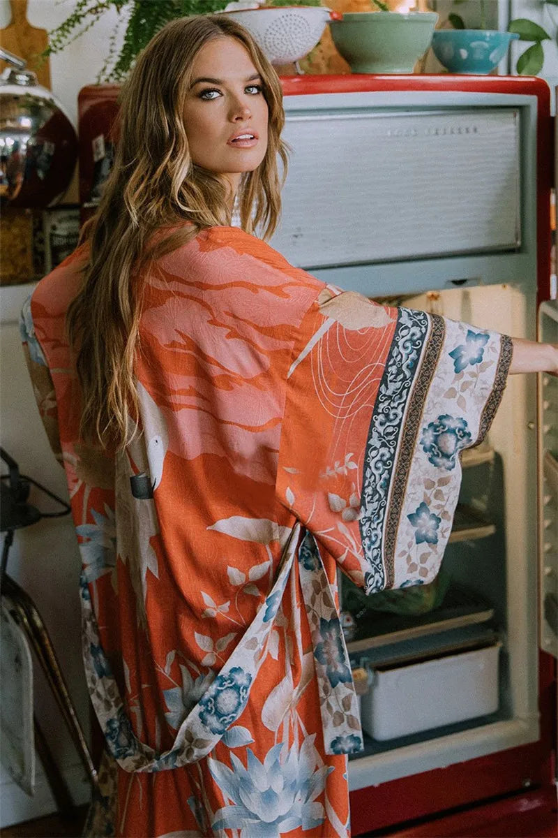 Swimwears Sexy Beach Coverups Long Sleeve Kimonos Cardigans for Women Red Print Swimsuit Cover Up with Belt