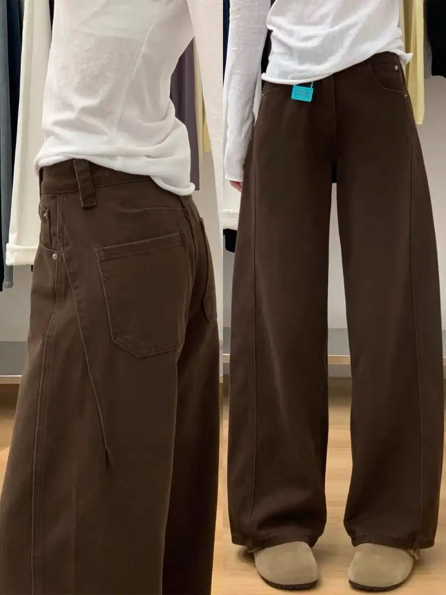 Maillard Brown Straight Leg Jeans for Women 2025 Autumn Winter Loose Fit Pear Shape Curved Wide Leg Pants