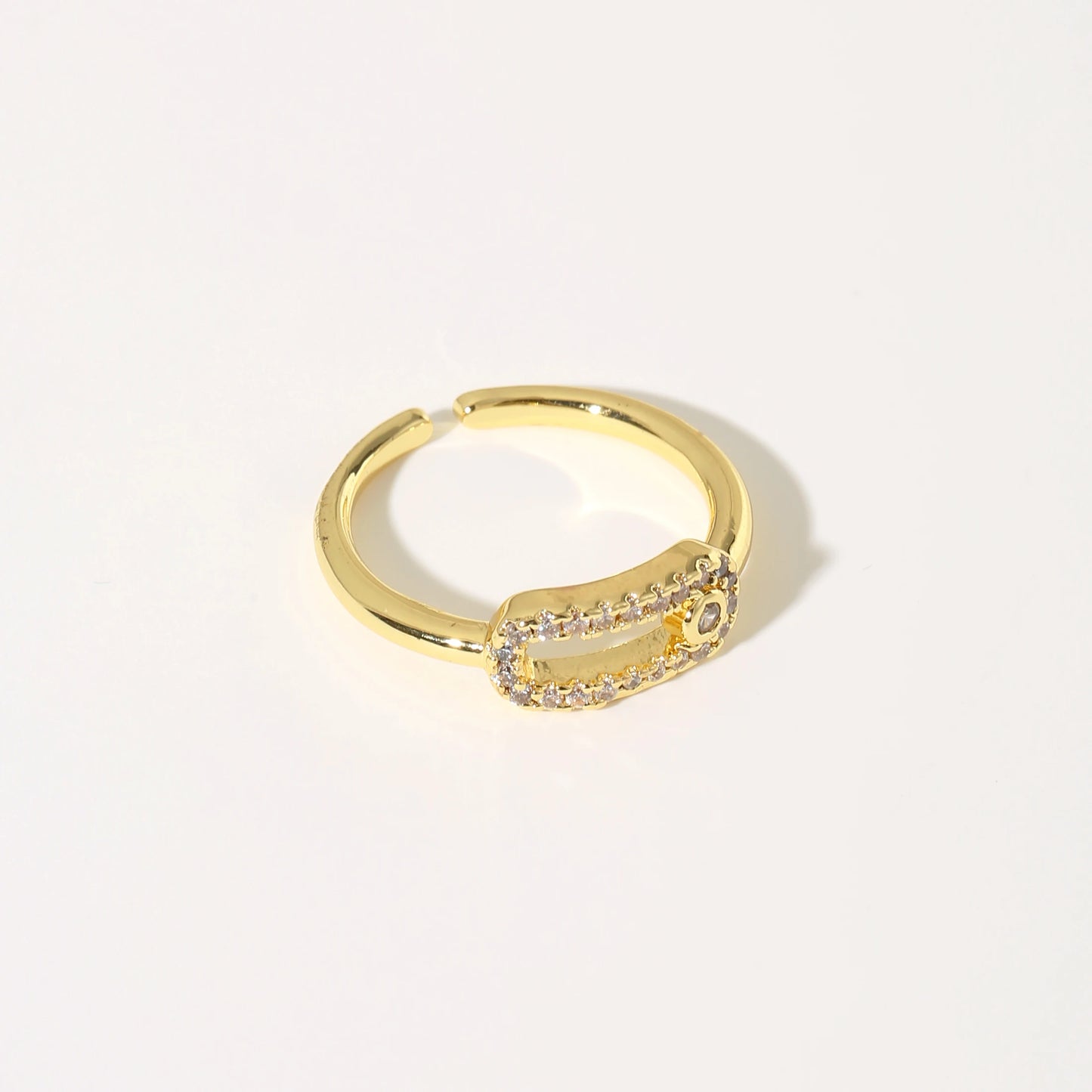 Golden Plated Open Adjustable Ring with Synthetic Zircon Paperclip Charm for Women Minimalist Trendy Statement Jewelry Gift