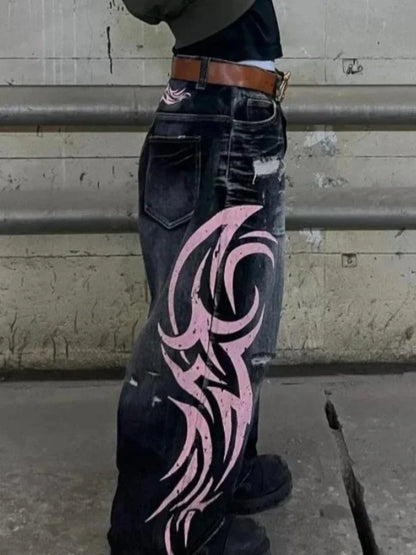 Y2k Vintage Gothic Punk Jeans Women Harajuku Print Grunge Baggy Denim Trousers Punk Hip Hop Black Streetwear Wide Leg Jeans