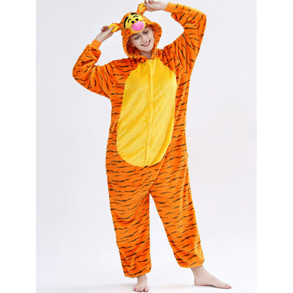 Winter Unisex 3D Jumping Tiger Cosplay Costumes Onesies Kigurumi Onesie Pajamas Adults Flannel Pyjamas Animal Sleepwear Jumpsuit