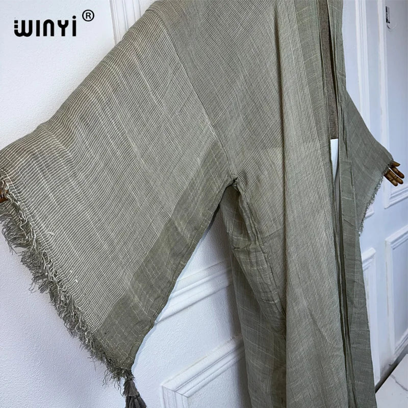 WINYI kimono Make an old fringed cardigan abaya dubai luxury Elegant beach outfits for women sexy cotton feeling dress kaftan