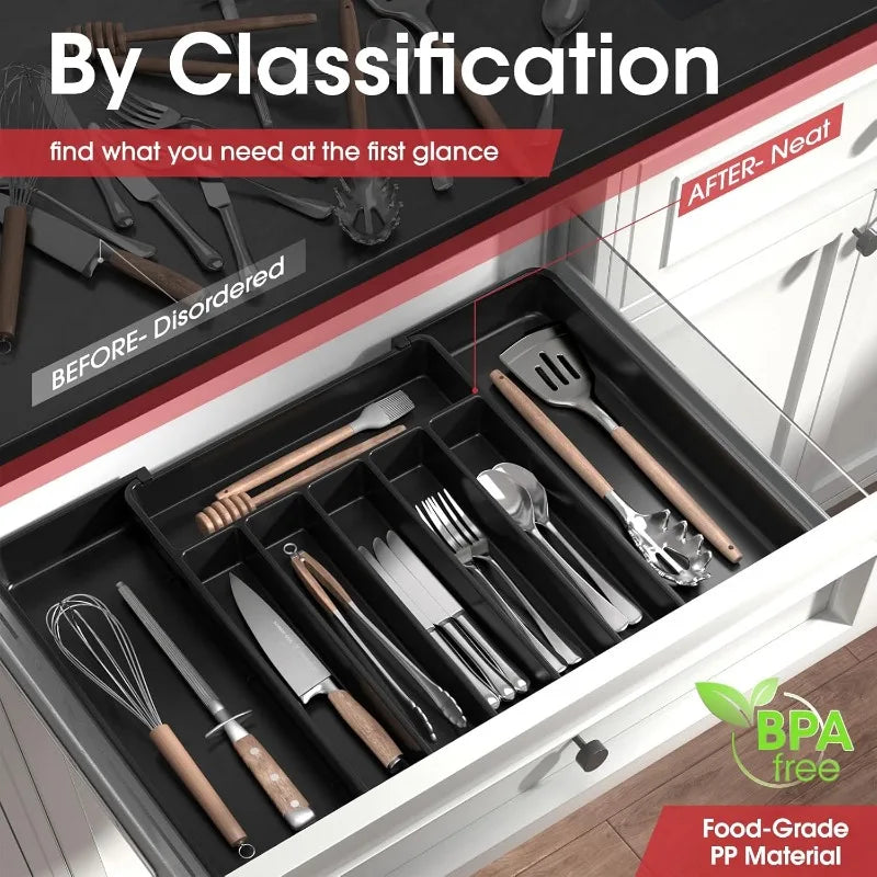 Adjustable Pantry Organizer Utensil Cutlery Drawer  for Forks Knives Silverware Expandable Kitchen Drawer Kitchen Organizer Tray