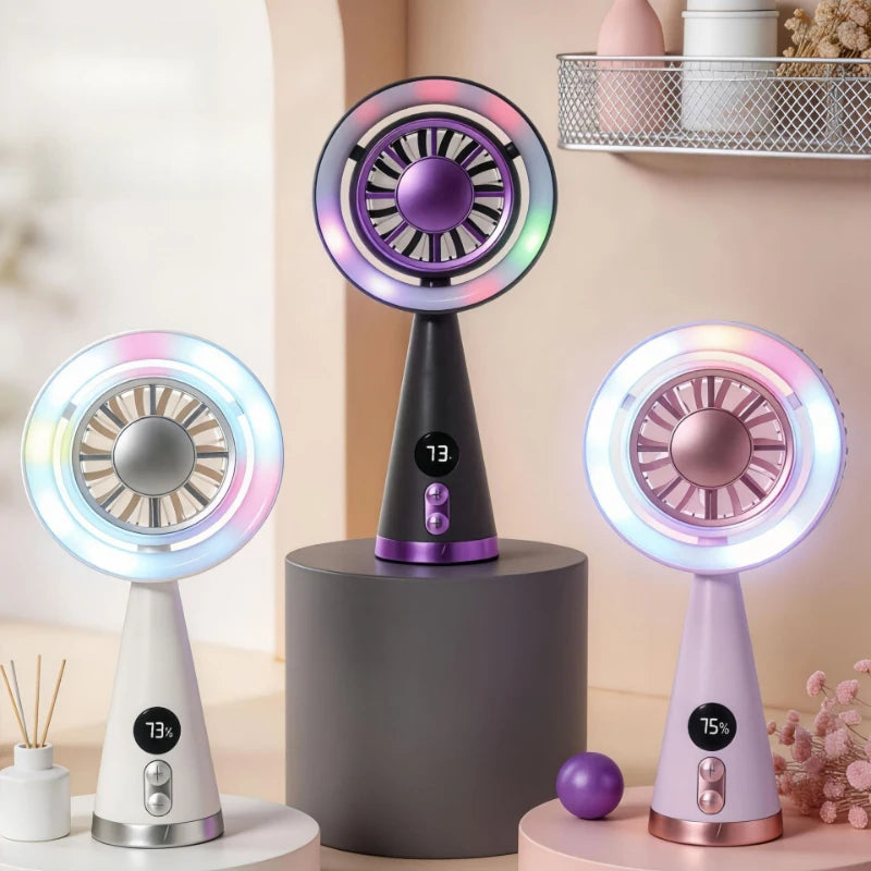 Portable Handheld Fan USB Rechargeable Mini Cooling Fan Digital Display LED Light Personal Fan for Travel Camping Outdoor