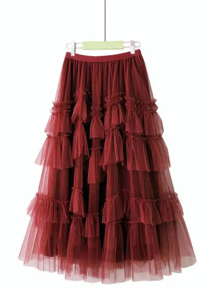 XFPV 2025 Autumn Summer Fashion Elegant Purple Cake Skirt Women Ruffles All-Match Mesh Stitching High Waist Midi Faldas SM1982