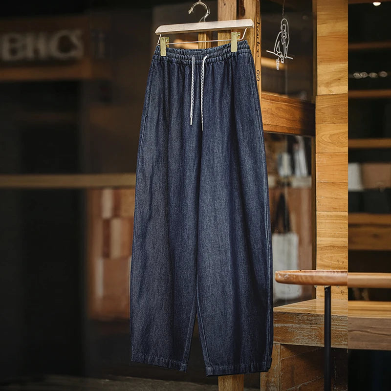 Maden Retro Banana Jeans Women's Spring Soft Stretch Tapered Pants Cool Blue Jeans with Elastic Drawstring Waist Casual Trousers