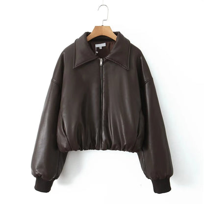 YENKYE Women Black Coffee Faux Leather Jacket Coat Long Sleeve Zipper Motorcycle Outerwear Female Autumn Winter Warm Coat Short