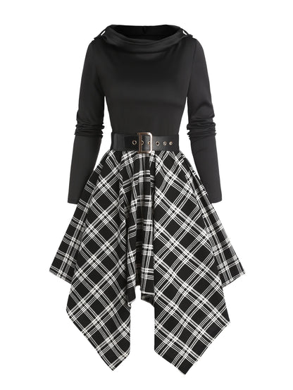 Dressfo Women's Gothic Plaid Hoodie Dresses Panel Asymmetric Hooded Dress Cowl Neck Long Sleeve Belted Dress