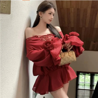 New Fall Sexy Slash Neck Red Super Mini Dress Women Lace Up Straps Short Shirt Fashion Flare Sleeve Ballet Off Shoulder Blouse