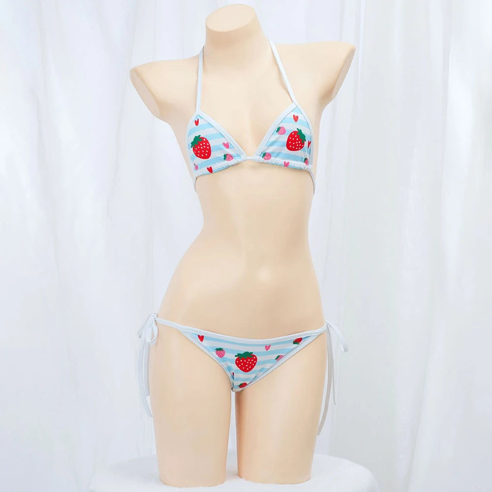 Cute Bikini Swimwear Women 2025 Strawberry Print Girl Lace Up Bathing Suit Low Waist Mini Bikinis Sets Beach Swimsuit