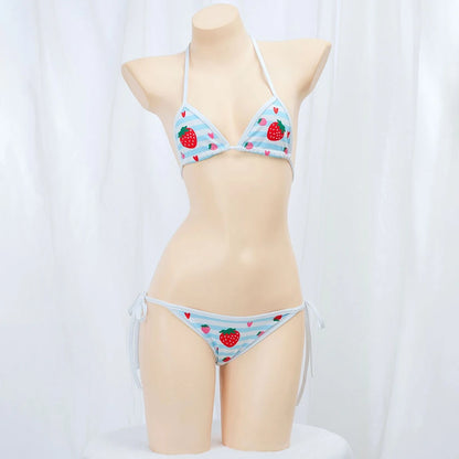 Cute Bikini Swimwear Women 2025 Strawberry Print Girl Lace Up Bathing Suit Low Waist Mini Bikinis Sets Beach Swimsuit