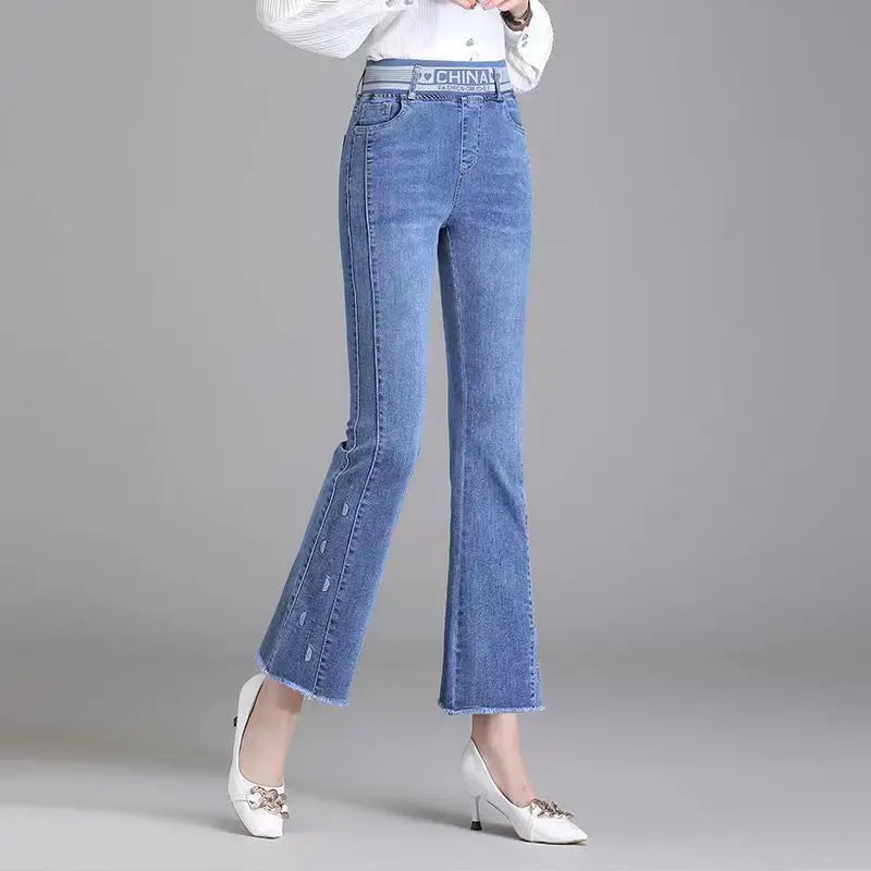 Elastic Waist Flare Nine Points Boot Cut Women Clothing Jeans Autumn High Waist Fashion All-match Elastic Comfortable Pants