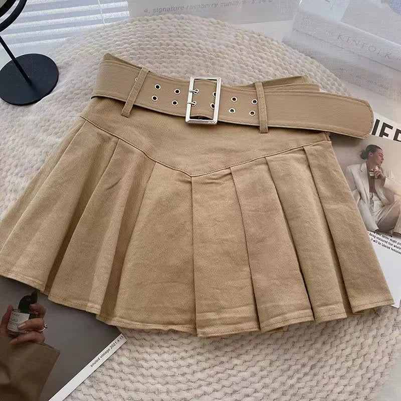 Xpqbb Summer Pleated Skirt Women Korean Fashion with Belt Mini Skirts Girl Kawaii High Waist School Uniform A-Line Short Skirts