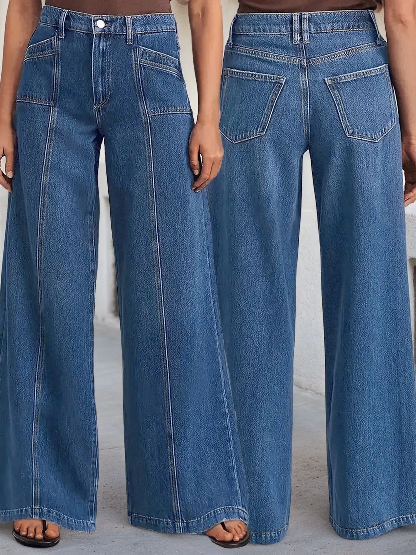 "Women’s Deep Blue Wide Leg Jeans - Stylish Denim Trousers for Comfort and Versatility