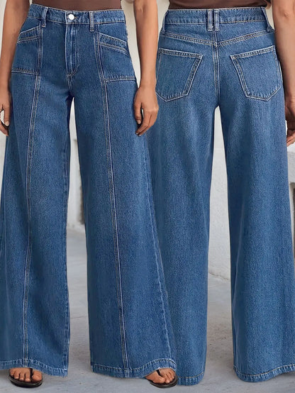 "Women’s Deep Blue Wide Leg Jeans - Stylish Denim Trousers for Comfort and Versatility
