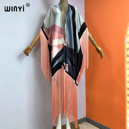 WINYI kimono cover-ups summer boho print Bikini Cover-up Elegant fashion Cardigan sexy Holiday long Sleeve tassels maxi dress