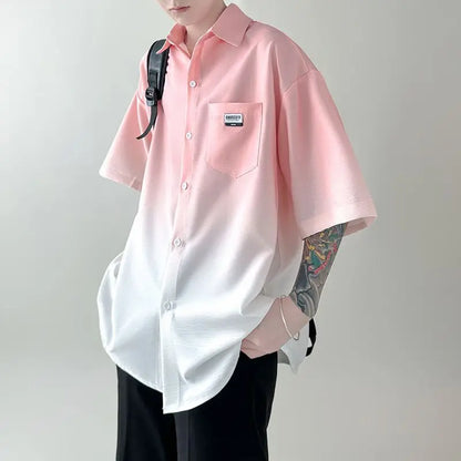 New Summer Tie-dyed Gradient Short-sleeved Shirt Men Loose Trendy Casual Five-part Cardigan